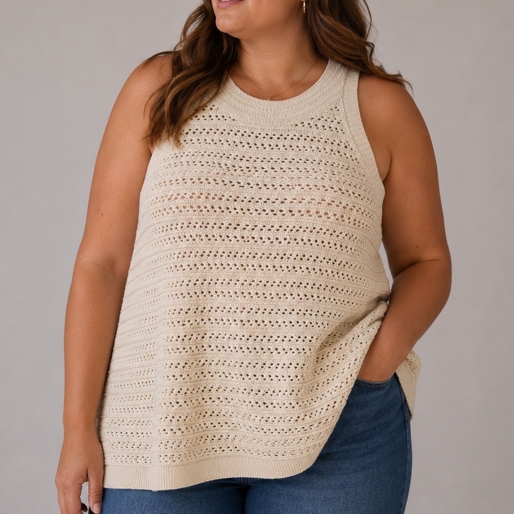 NWT Wonderly XXL Sleeveless Crochet Knit Sweater Tank Cream Cotton Blend Boho‎